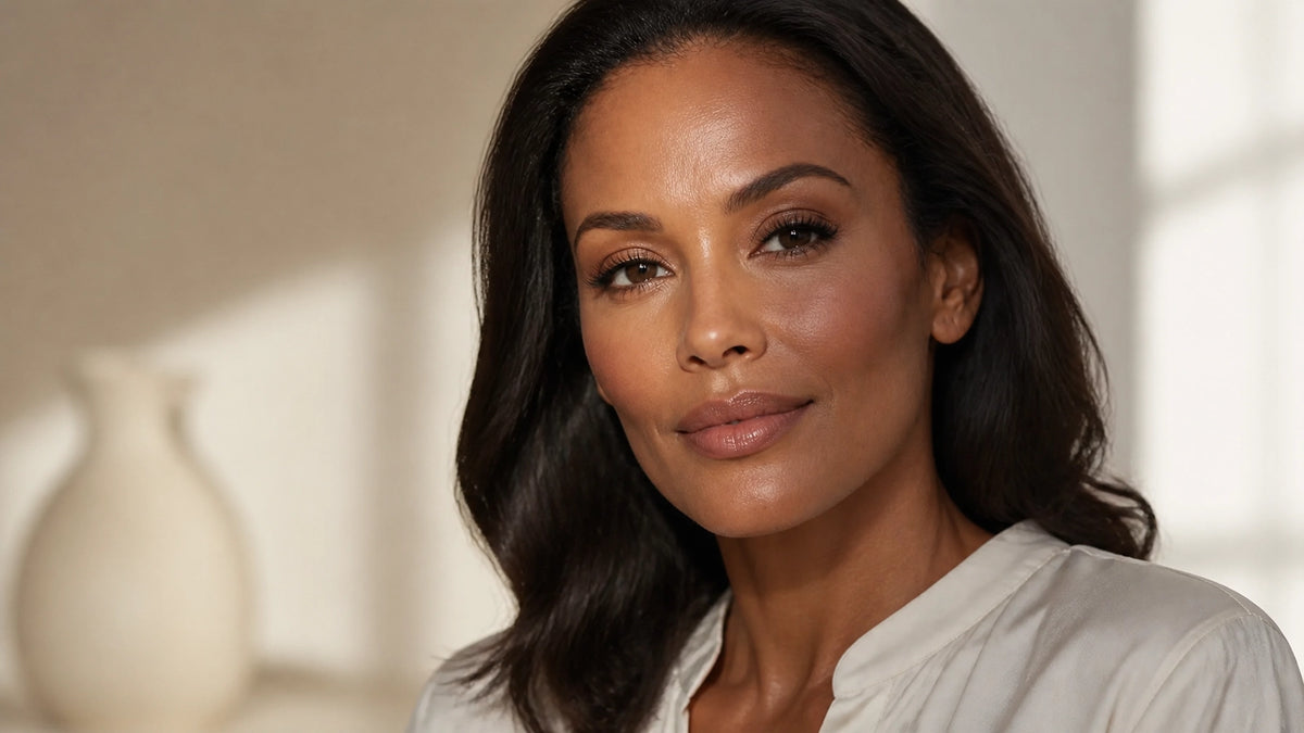 A mature woman wearing a refined split makeup look with controlled glow on one side and velvet matte blur on the other