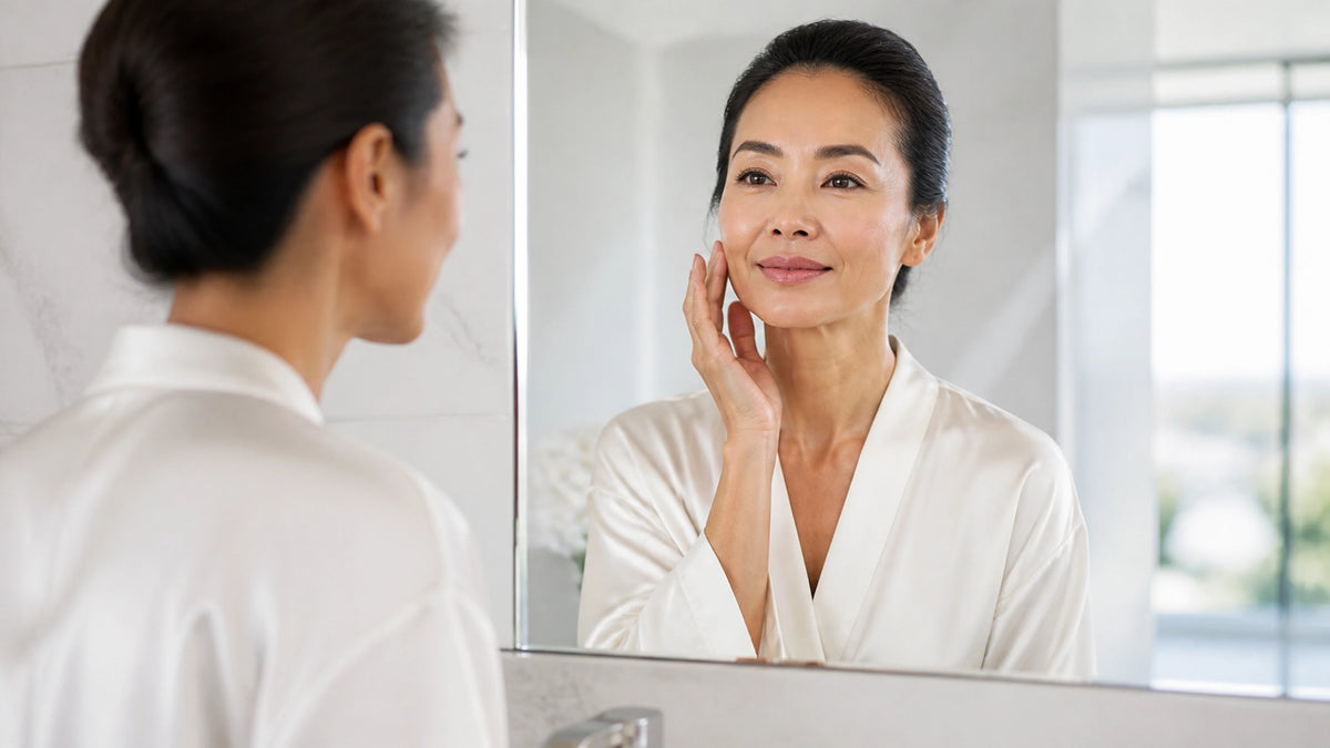 A sophisticated woman of East Asian descent standing in a bright, minimalist luxury bathroom, reflecting on her radiant skin 