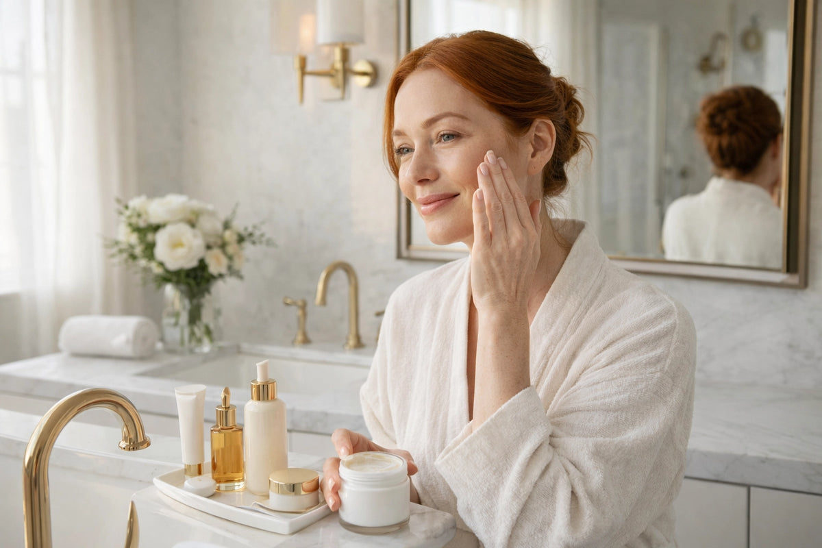 SEO alt text: Fair-skinned Caucasian redheaded woman with fresh glowing skin in a bright bathroom during her morning skincare