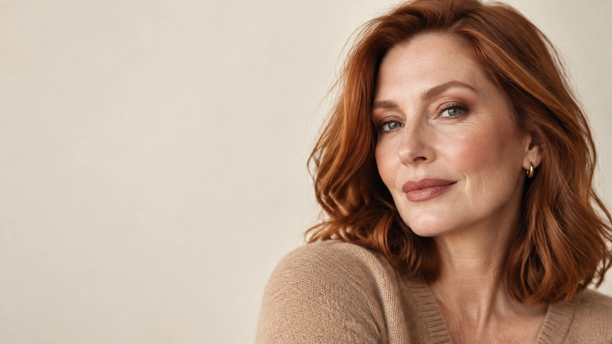 Fair skinned woman with auburn hair wearing fresh toasted neutral autumn Makeup