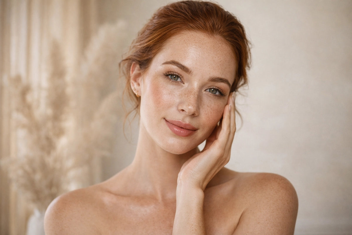 Confident Caucasian woman with subtle red hair tones and radiant skin standing in soft natural light, representing The Comple