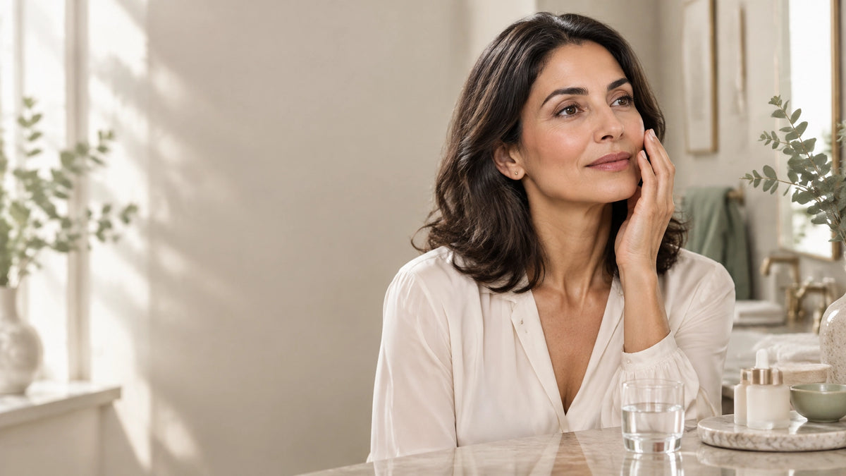 Woman with mature skin exploring a simple skincare routine in soft natural light