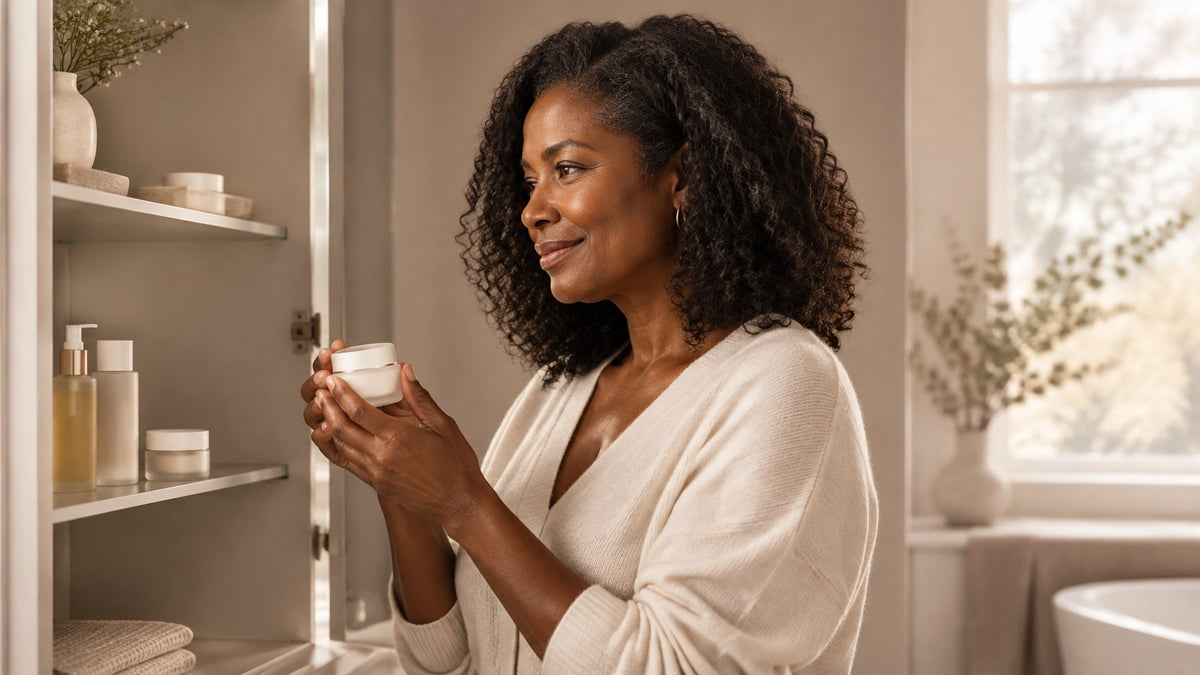 Woman with a simple, carefully edited winter skincare routine in a softly lit bathroom