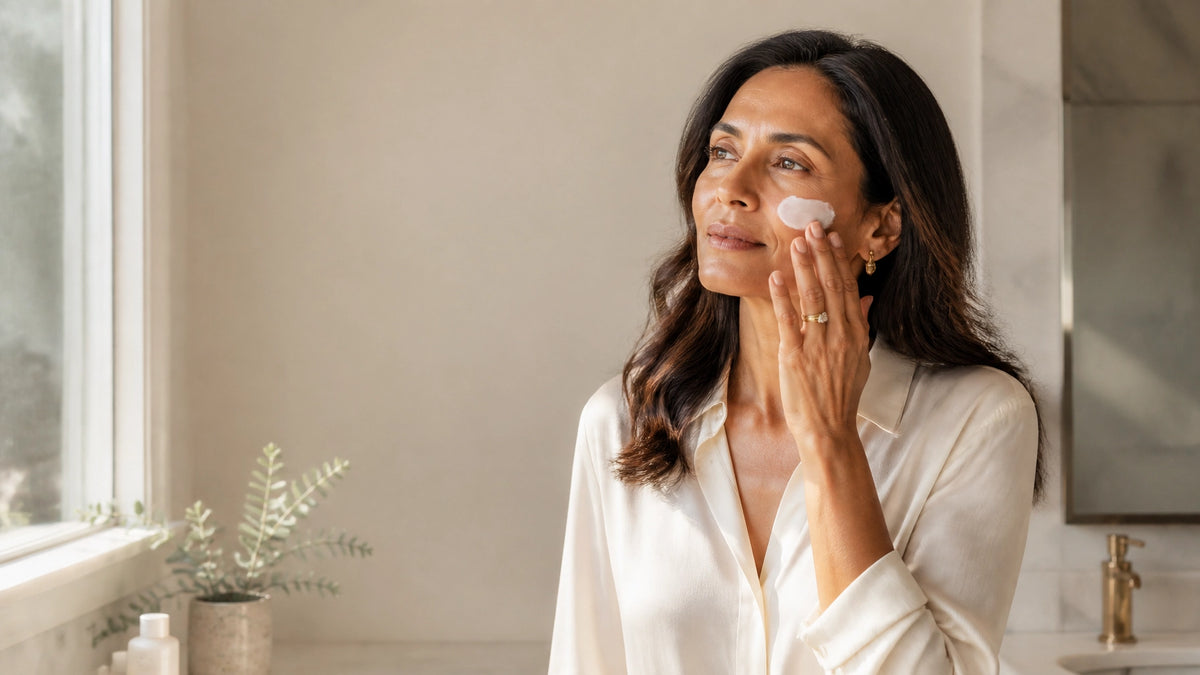 Woman applying moisturiser in a bright bathroom after summer