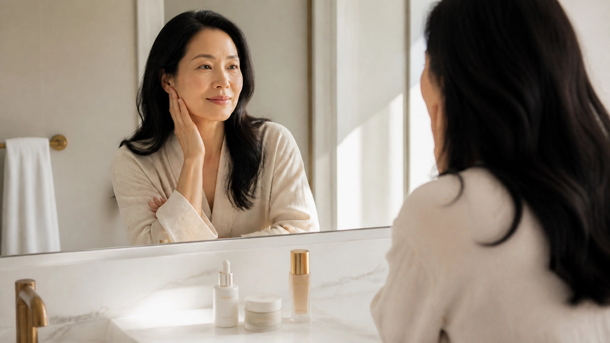 A woman with glowing skin in a minimalist, luxury bathroom setting, symbolizing the 