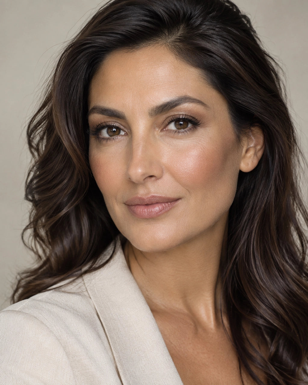 Woman with softly hooded eyes wearing lifted, natural Makeup in warm neutral tones