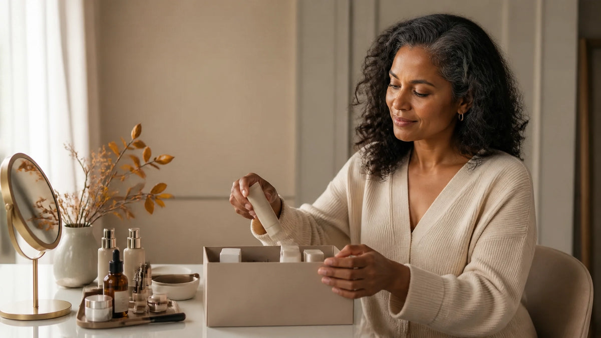 Woman with a carefully edited autumn skincare and Makeup routine at an elegant vanity