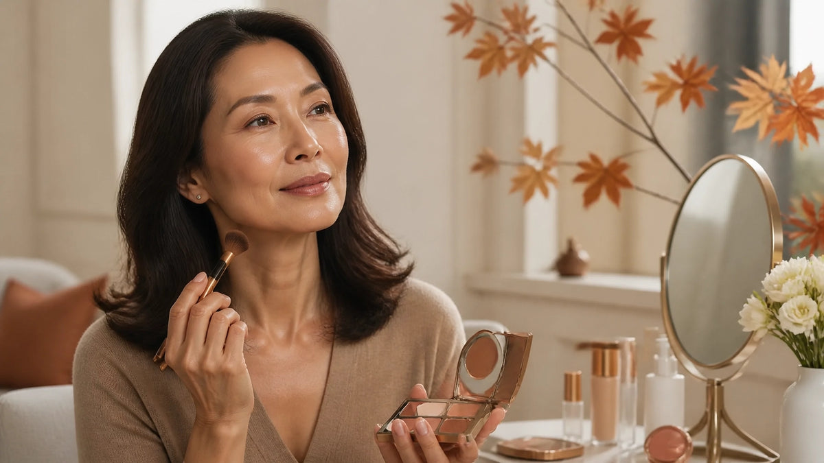 Woman reviewing her summer beauty products at an elegant autumn vanity