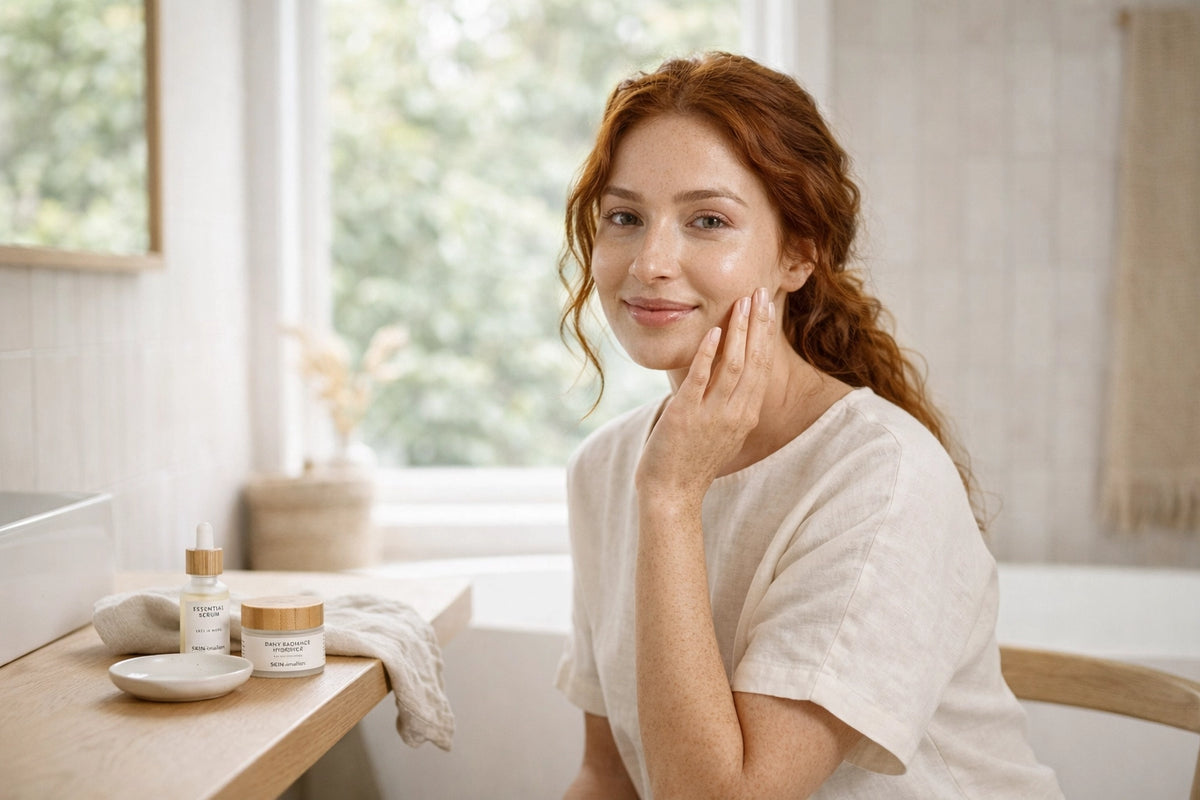 Woman with radiant skin standing at a tidy vanity with a minimal beauty routine, soft natural light, elegant neutral bathroom