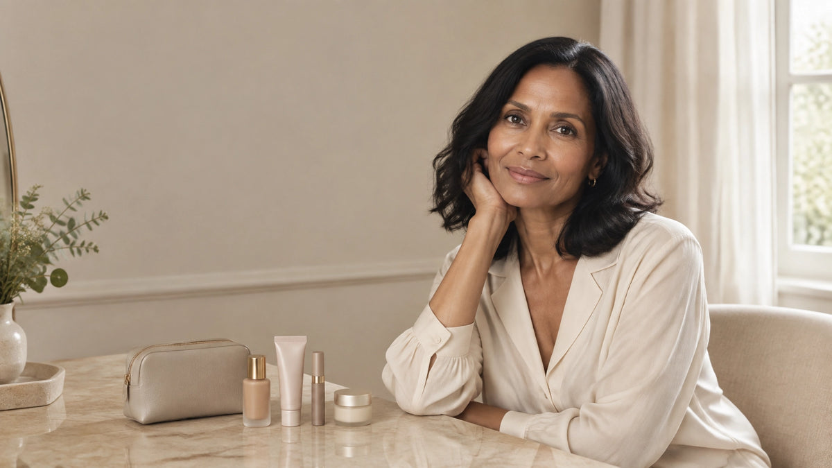 A woman in her forties beside a neatly edited four product Makeup bag in soft morning light