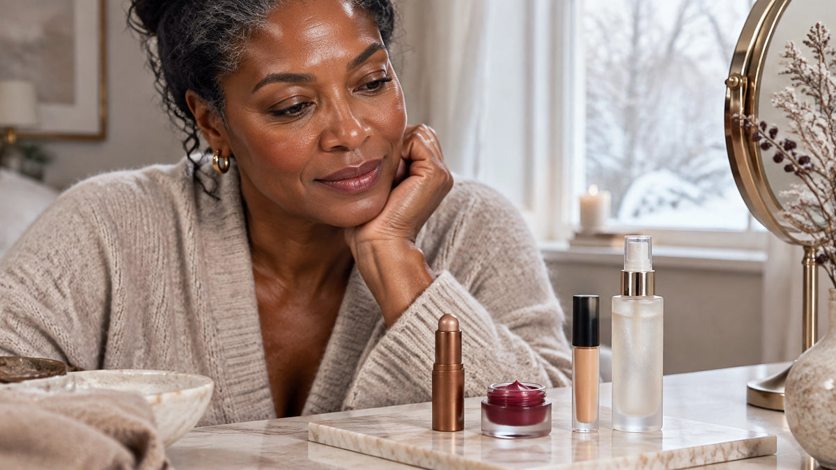 A mature Black British woman at an elegant winter vanity with a carefully curated four product Makeup edit
